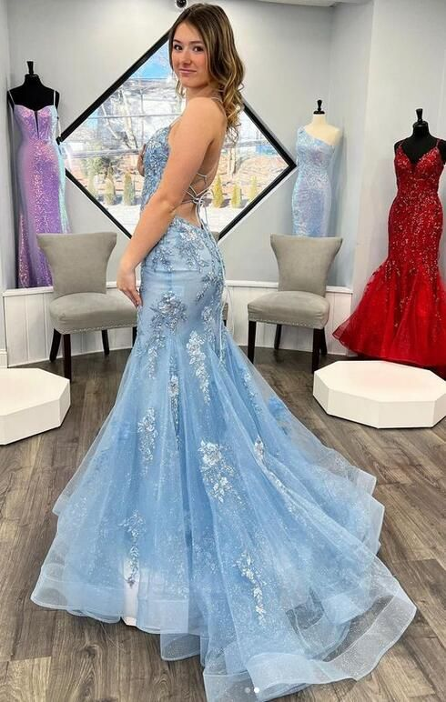 Blue Straps Sparkly Mermaid Long Prom Dresses Party Dresses,DP0217