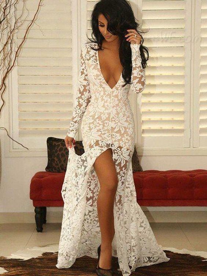 White Deep V-neck Long Sleeves See Through Long Prom Dress,DP951