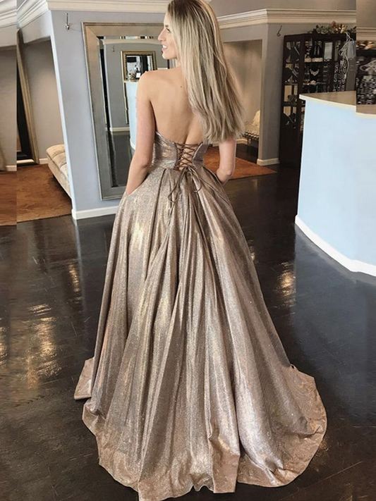 Strapless Sweetheart Neck Champagne Long Prom Dresses Golden Long Formal Evening Dresses,DP081