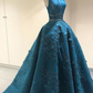 Vintage Lace Appliques Ball Gown Scoop Long Open Back with Pockets Prom Dresses,DP0251