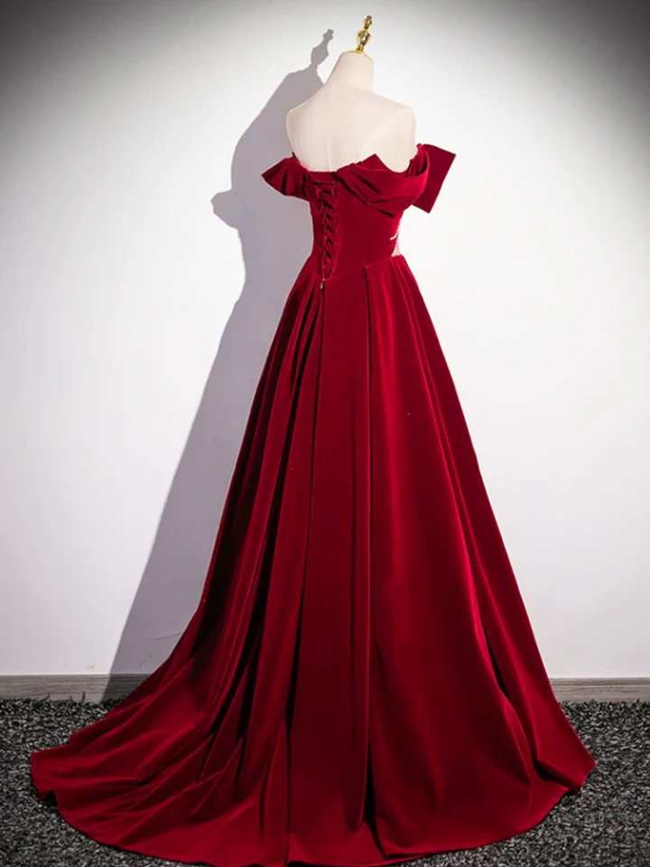 Red Velvet Sequins Long Prom Dress Elegant Off the Shoulder A-Line Formal Dress, DP2471