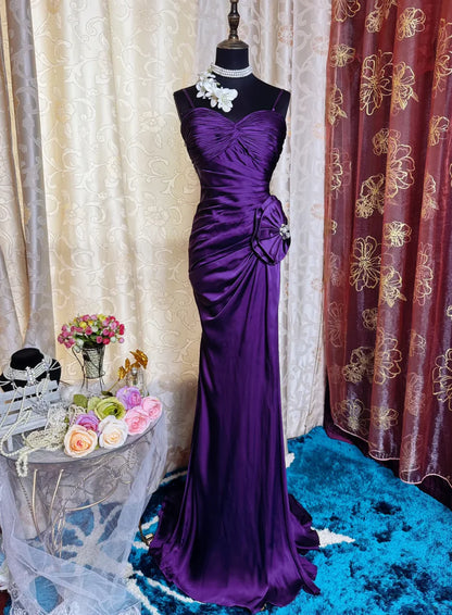 Elegant Purple Satin Mermaid Spaghetti Strap Sweetheart Ruched Bodice Beaded Floral Sweep Train Prom Dress DP8656