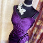 Elegant Purple Satin Mermaid Spaghetti Strap Sweetheart Ruched Bodice Beaded Floral Sweep Train Prom Dress DP8656