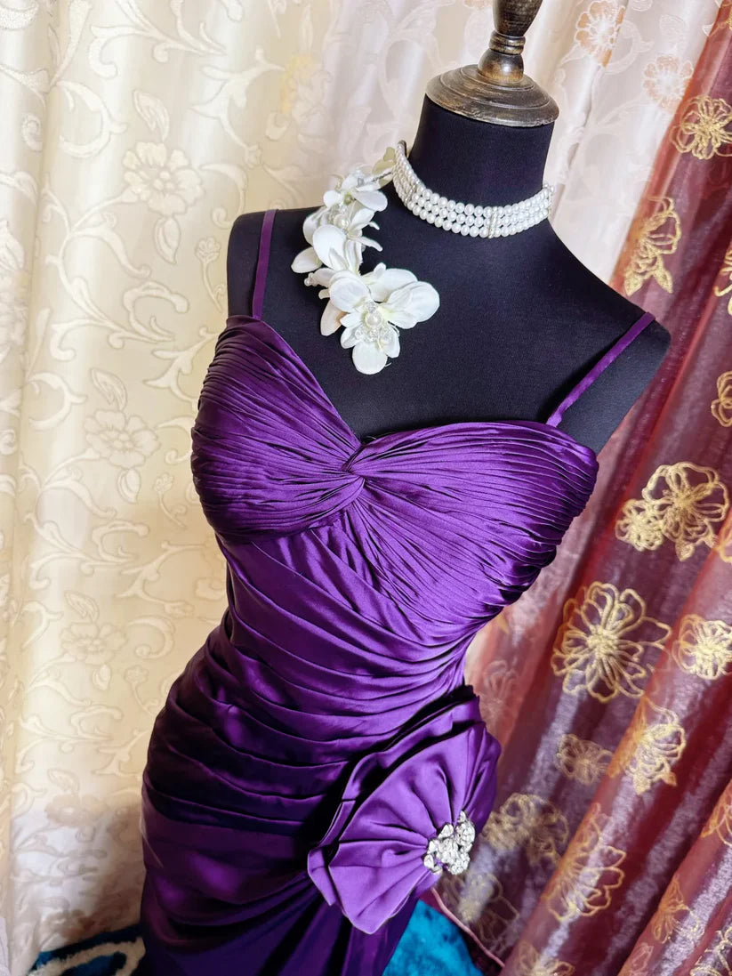 Elegant Purple Satin Mermaid Spaghetti Strap Sweetheart Ruched Bodice Beaded Floral Sweep Train Prom Dress DP8656