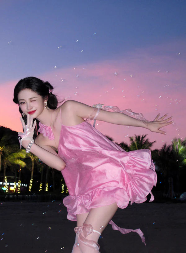 Cute Pink Ruffle Short A-Line Satin Party Dress Cocktail Dress Homecoming Dress DP6495