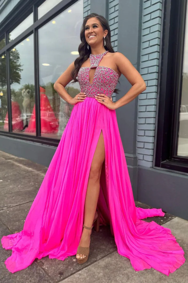 Cute A-Line Hot Pink Chiffon Long Prom Dresses With Beading,DP0189