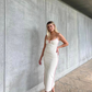 Robe de soirée longue sirène blanche et rose à bretelles et fente arrière, DP1963