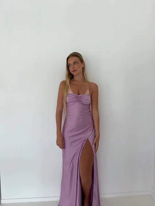 Lilac Straps Satin Cute Long Party Dress with Slit, DP2275