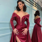 Burgundy Long Sleeve Mermaid Off-the-shoulder Prom Dress with Slit,DP065
