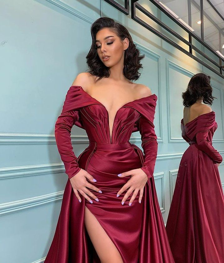 Burgundy Long Sleeve Mermaid Off-the-shoulder Prom Dress with Slit,DP065