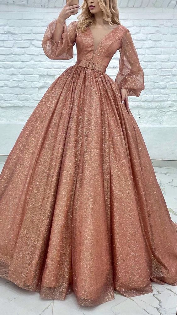 Elegant & Luxurious Glitter A-Line V-Neck Long Sleeves Prom Evening Dress,DP082