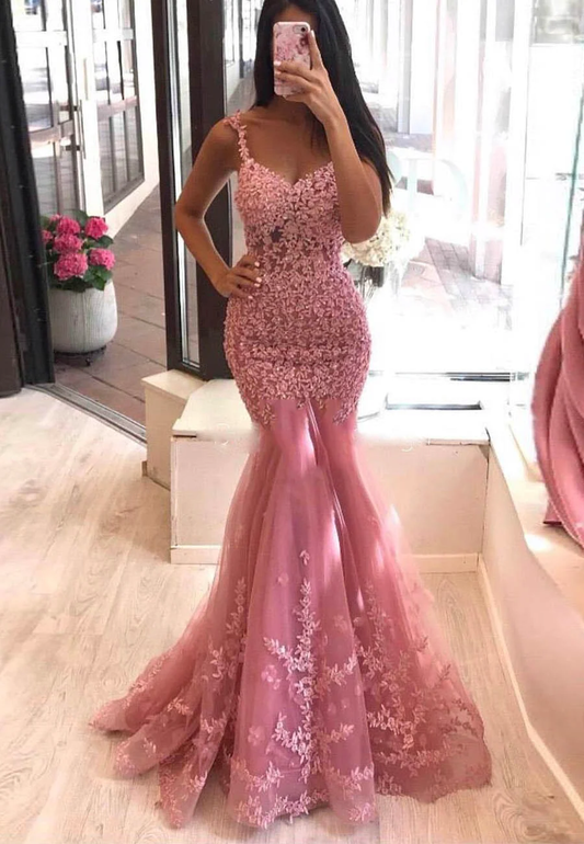 Pink Lace Long Prom Dresses Mermaid Evening Dresses,DP0240