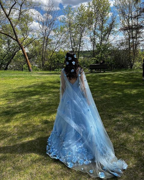 Sparkly Tulle Blue V Neck Cheap Prom Dresses 3D Flowers with Cape,DP0252