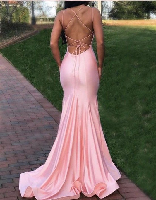 Gorgeous V Neck Mermaid Pink Long Prom Dress With Crossing Back Straps,DP0258