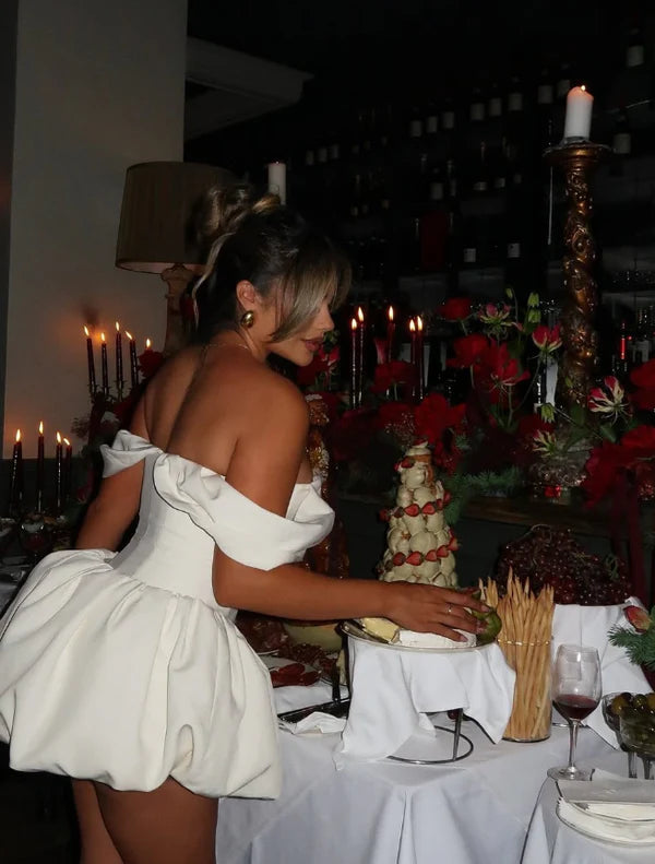 Sexy Ivory Satin Off-the-shoulder Sweetheart Short A-Line Party Dress Cocktail Dress Homecoming Dress DP6490