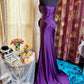 Elegant Purple Satin Mermaid Spaghetti Strap Sweetheart Ruched Bodice Beaded Floral Sweep Train Prom Dress DP8656
