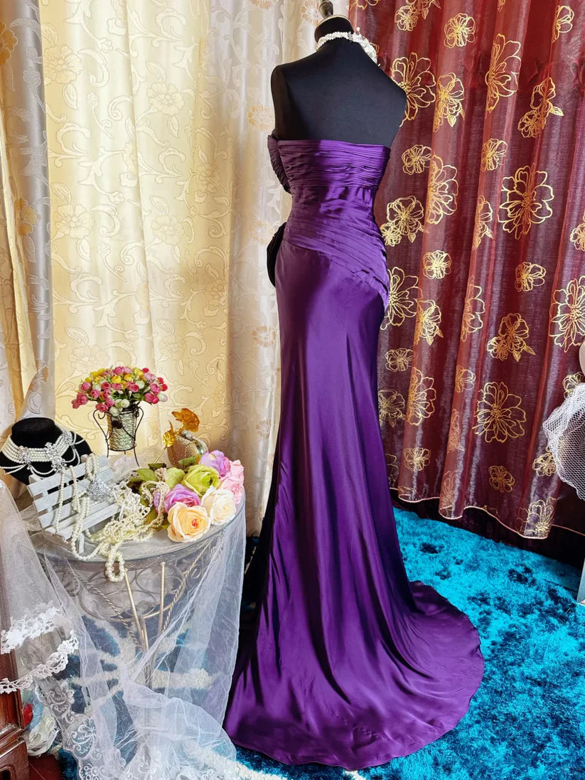 Elegant Purple Satin Mermaid Spaghetti Strap Sweetheart Ruched Bodice Beaded Floral Sweep Train Prom Dress DP8656