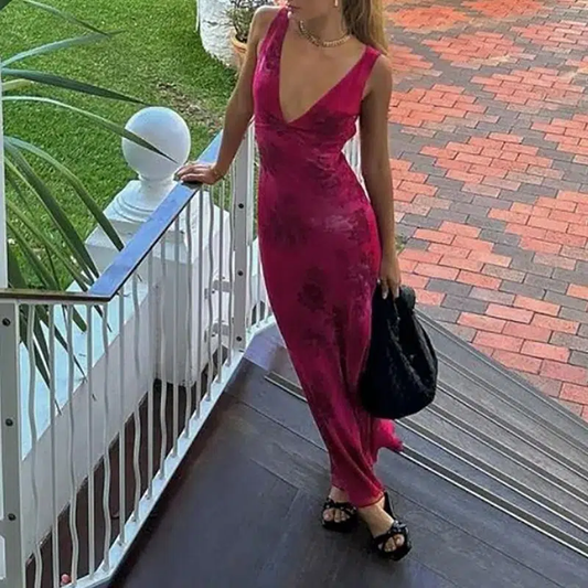 Elegant Fuchsia Floral Mermaid Deep V Neck Sleeveless Prom Dress DP1895