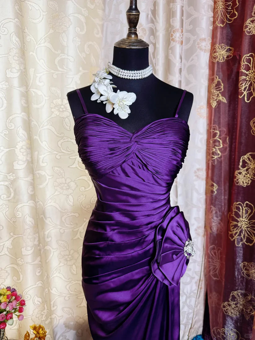 Elegant Purple Satin Mermaid Spaghetti Strap Sweetheart Ruched Bodice Beaded Floral Sweep Train Prom Dress DP8656