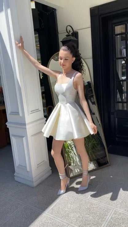 Vintage White Satin Short A-Line Party Dress Cocktail Dress Homecoming Dress DP6476