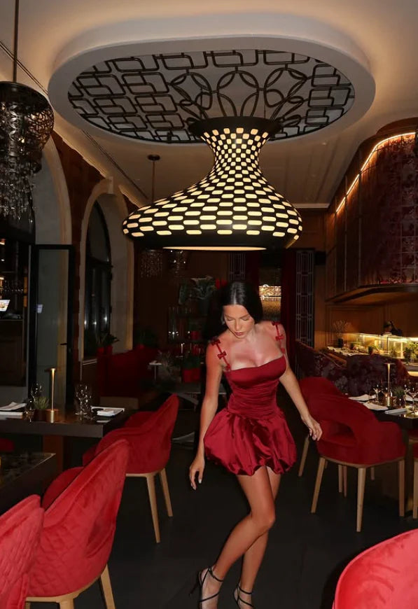 Vintage Burgundy Satin Spaghetti Strap Short A-Line Party Dress Cocktail Dress Homecoming Dress DP6489