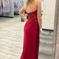 Wine Red Strapless Mermaid Appliques Long Prom Dress with Slit,DP029