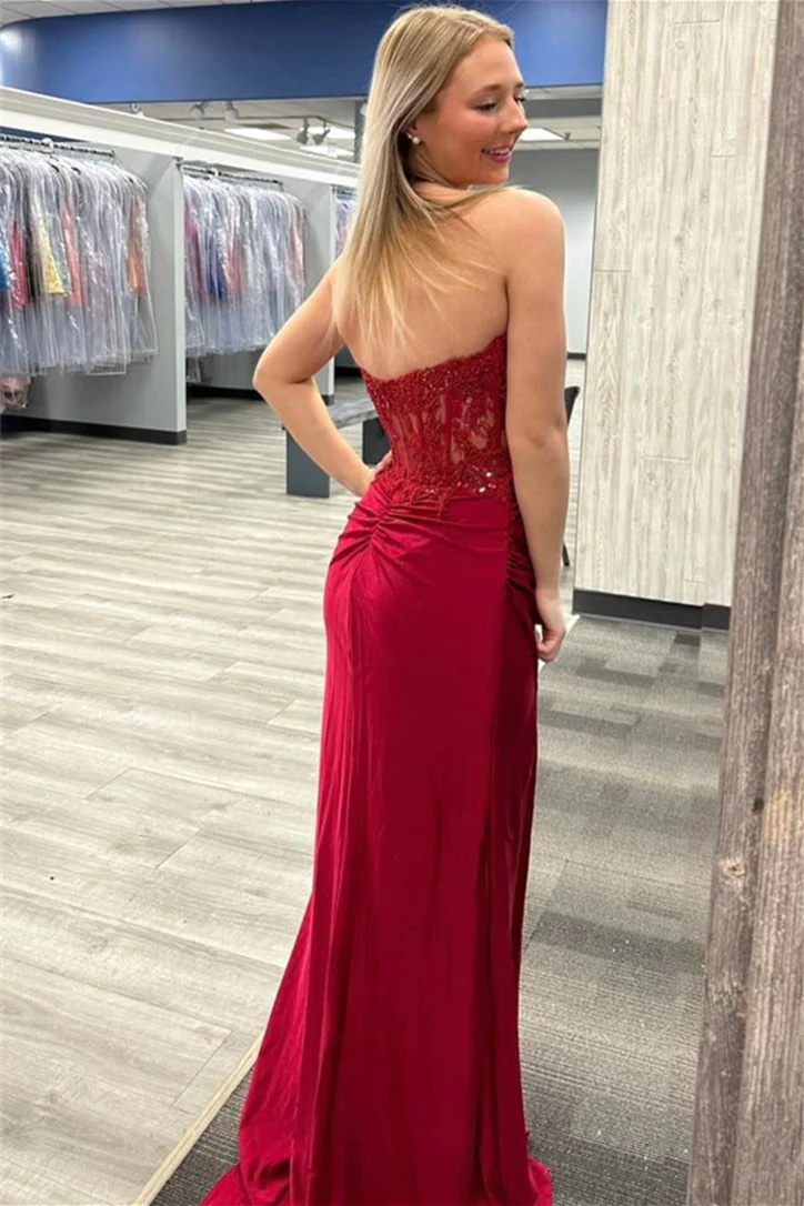 Wine Red Strapless Mermaid Appliques Long Prom Dress with Slit,DP029