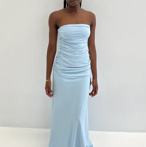 Elegant Blue Strapless Sheath Simple Long Party Dress with Slit, DP2538