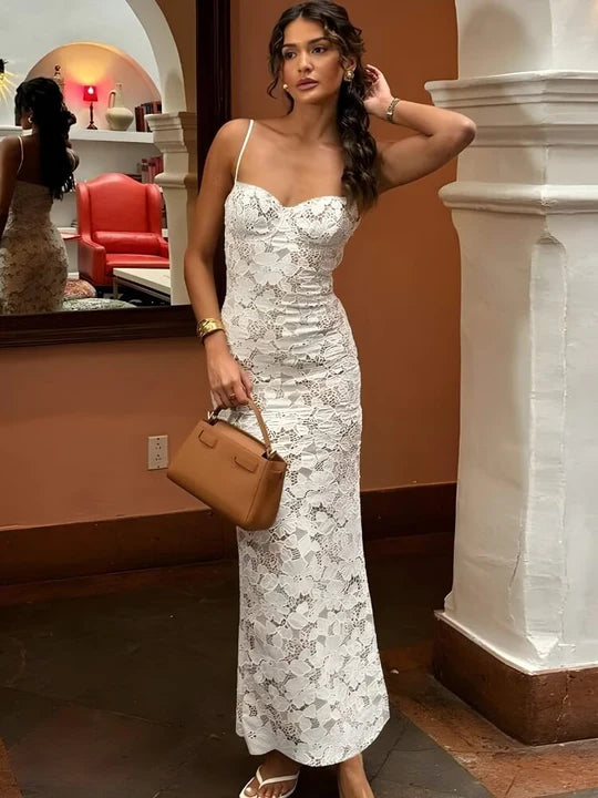 Robe de bal vintage en dentelle blanche, fourreau, bretelles spaghetti, robe de soirée longue, robe formelle DP6692