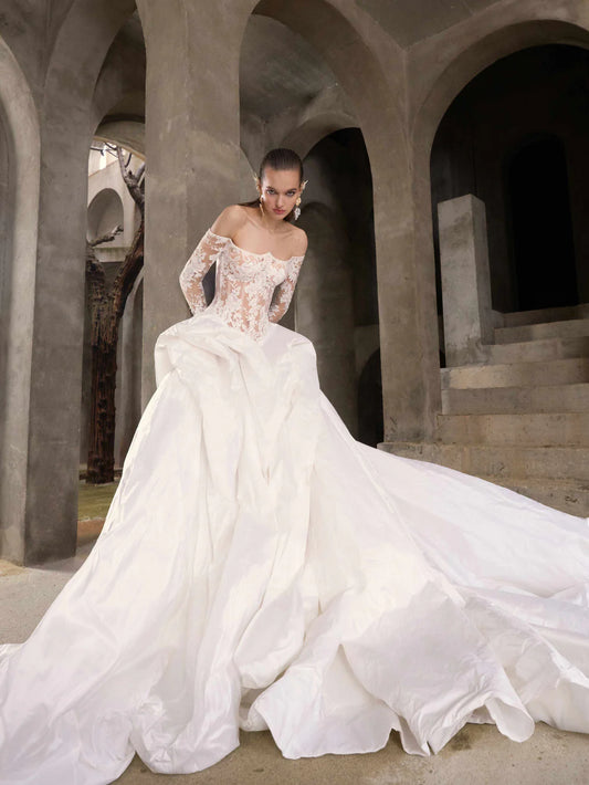 Superbe robe de mariée trapèze en dentelle, épaules dénudées, manches longues, robe de bal, robe de soirée DP6569