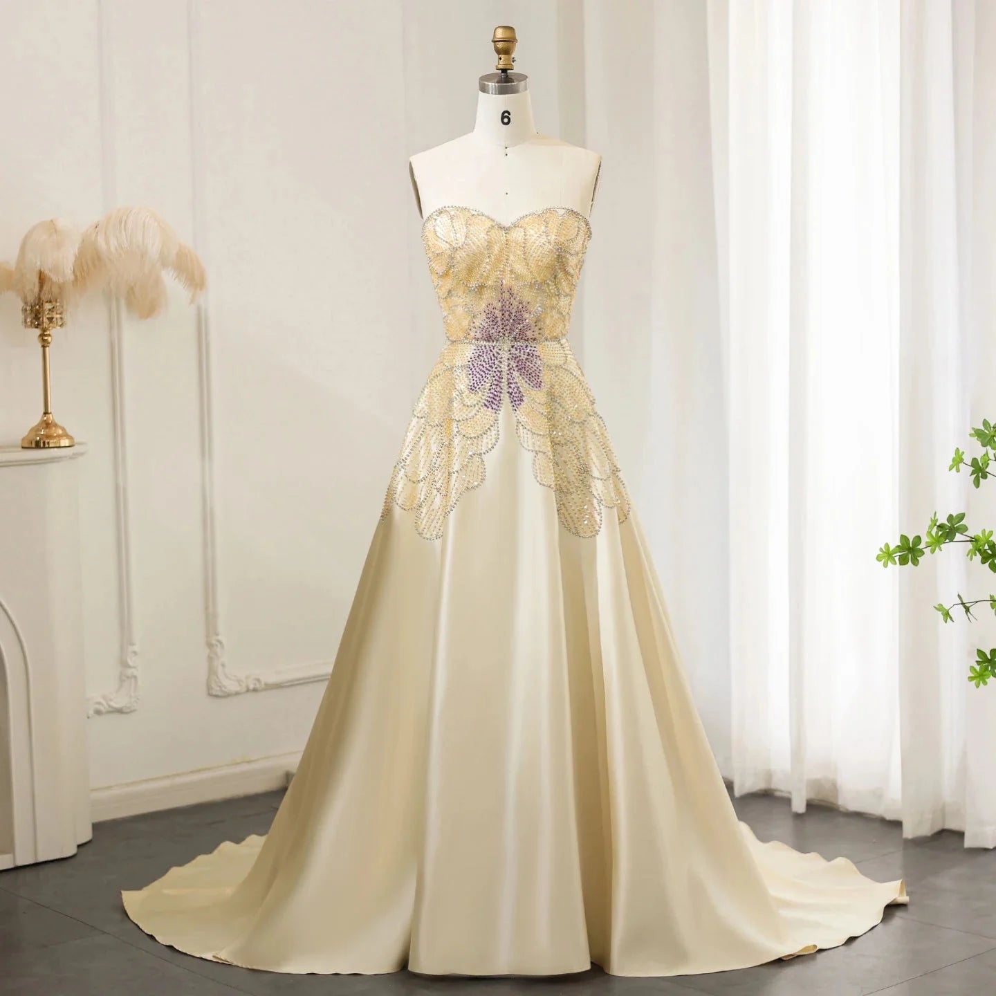Elegant Ivory Beaded Prom Dress A-Line Beaded Evening Gown Satin Party Dress Long Formal Dress DP6739