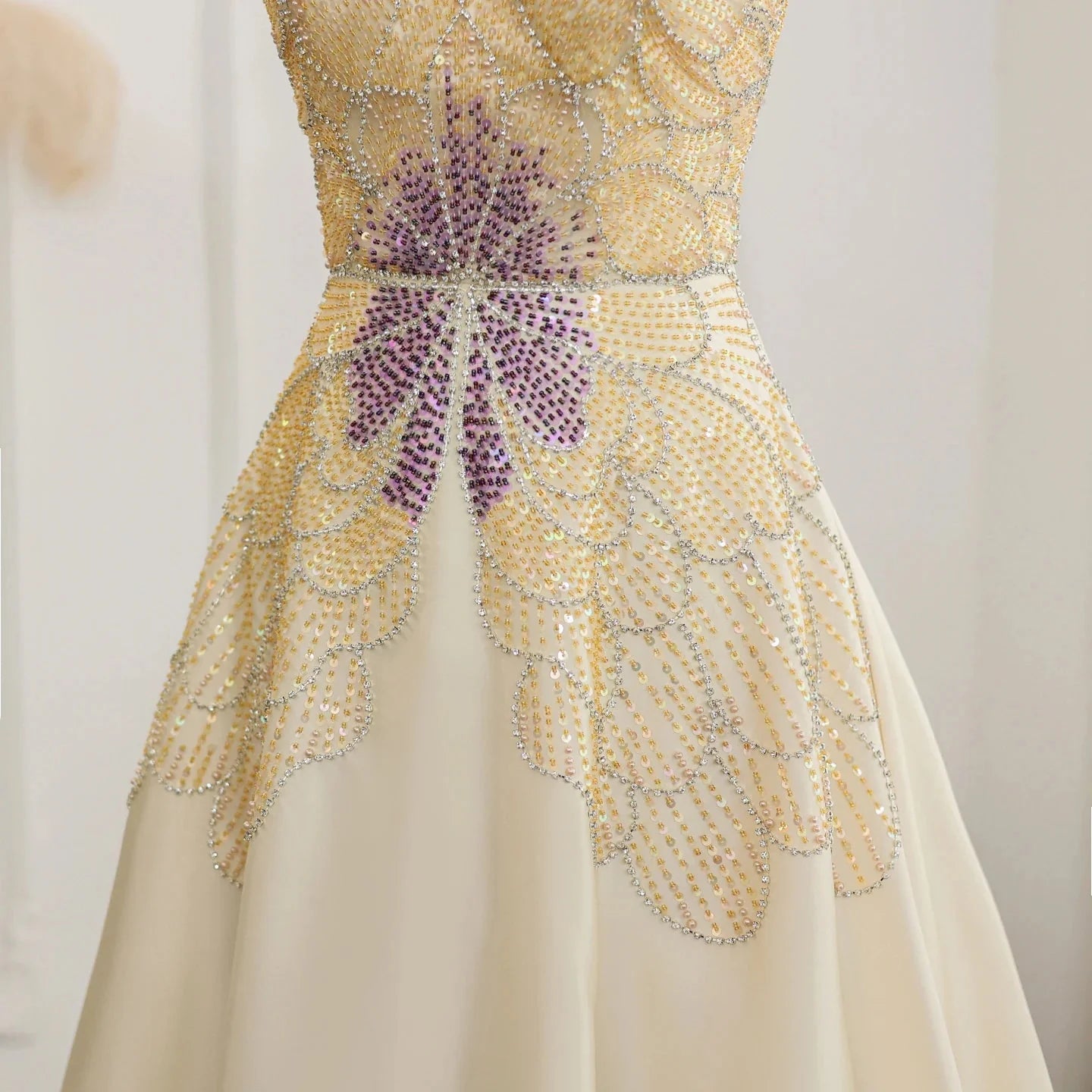 Elegant Ivory Beaded Prom Dress A-Line Beaded Evening Gown Satin Party Dress Long Formal Dress DP6739