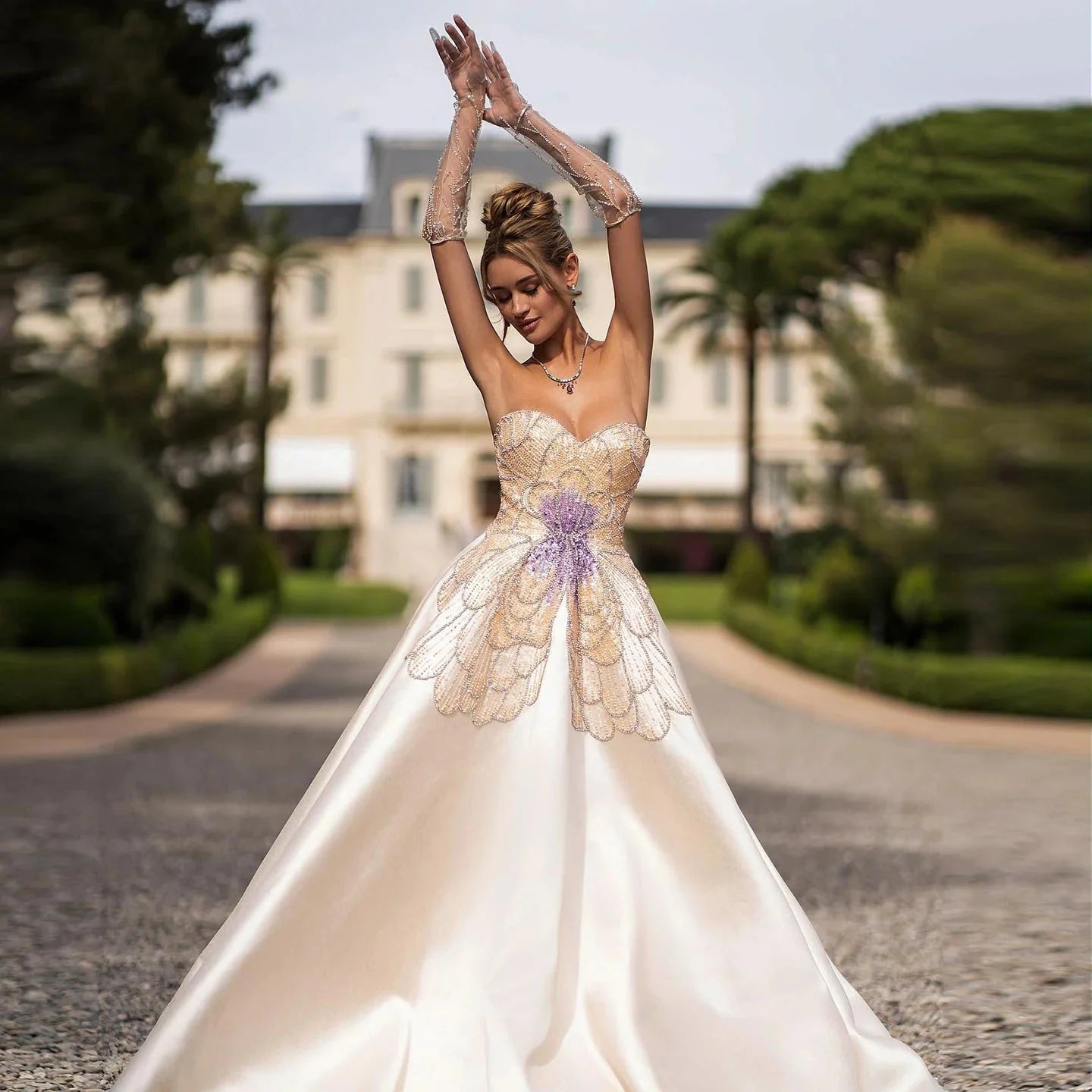 Elegant Ivory Beaded Prom Dress A-Line Beaded Evening Gown Satin Party Dress Long Formal Dress DP6739