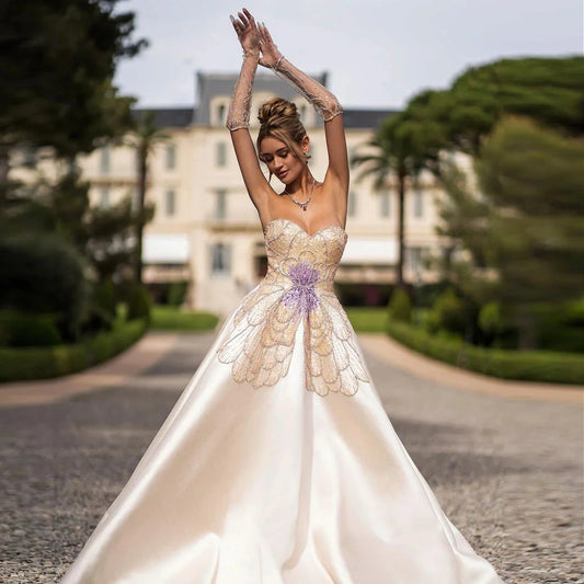 Elegant Ivory Beaded Prom Dress A-Line Beaded Evening Gown Satin Party Dress Long Formal Dress DP6739