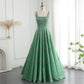 Wunderschönes, grünes, glänzendes, perlenbesetztes A-Linien-Ballkleid mit Spaghettiträgern, DP6540