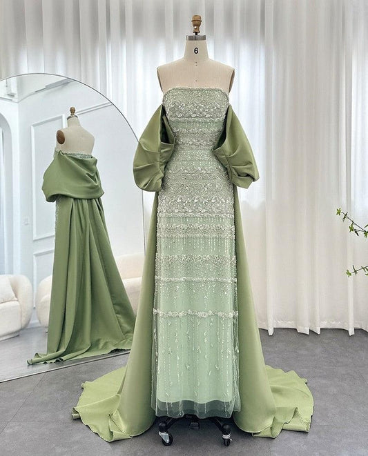Vintage Glänzendes, perlenbesetztes, trägerloses Etuikleid im Cape-Design, langes Ballkleid, Abendkleid, DP6535