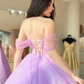 Lilac Off-the-Shoulder Lace-Up Tulle Long Prom Dress,DP039