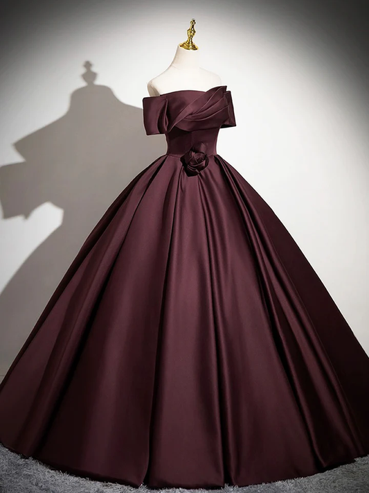 Dark Burgundy Satin Elegant A-Line Off Shoulder Evening Gown Formal Party Dress, DP2467