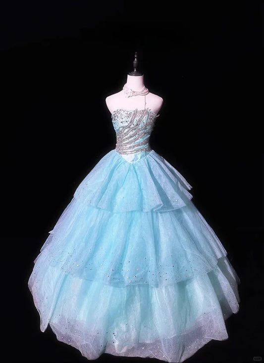 Elegant Shiny Blue Beaded Strapless Sweet 16 Quinceanera A-Line Floor-length Prom Dress Evening Dress Ball Gown  DP6428