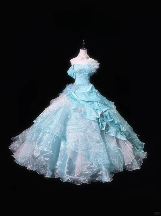 Elegant Blue Off-the shoulder Organza Tiered Pleated Ball Gown Prom Dress Sweet 16 Quinceanera Party Dress DP6425