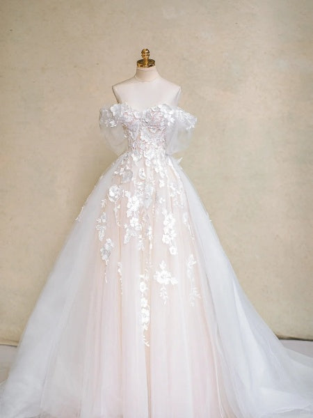 Elegant White Lace Off‑the‑Shoulder Wedding Dress A-line Bridal Dress MD011