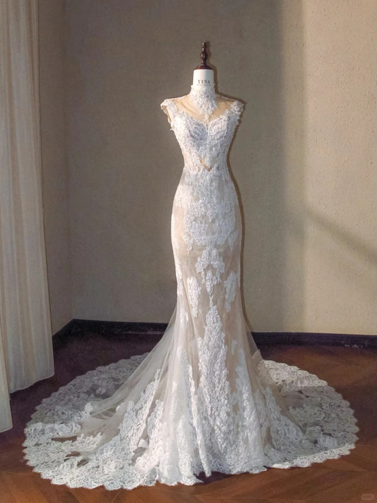 Elegant White Lace V-neck Long Wedding Dress Mermaid Bridal Dress MD014