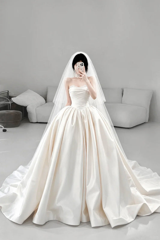 Elegant White Satin Strapless Long Wedding Dress Ball Gown Bridal Dress MD015
