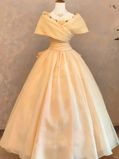 Gentle Yellow Off-Shoulder Party Dress A-line Satin Prom Dress MD017
