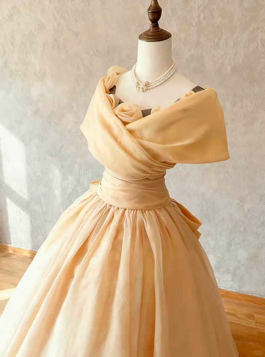 Gentle Yellow Off-Shoulder Party Dress A-line Satin Prom Dress MD017