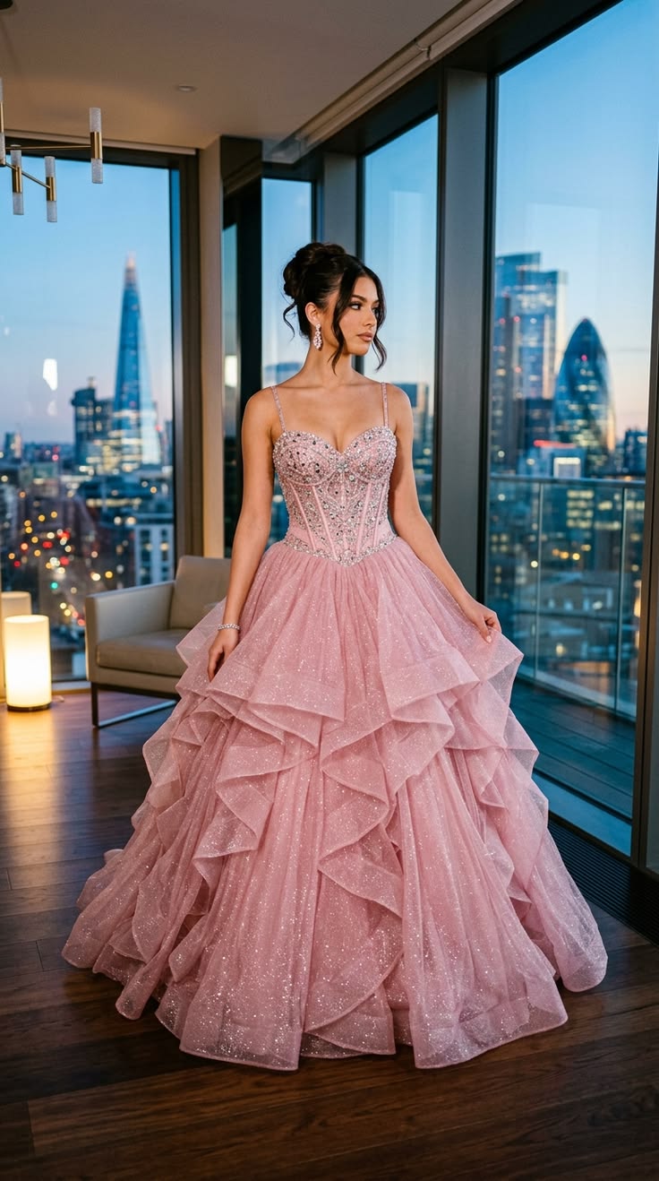 Elegant Pink Spaghetti straps Evening Dress Sequins Ball gown Tulle Prom Dress MD018