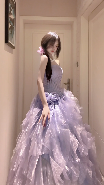 Elegant Purple Strapless Evening Dress Ball gown Tulle Prom Dress MD019