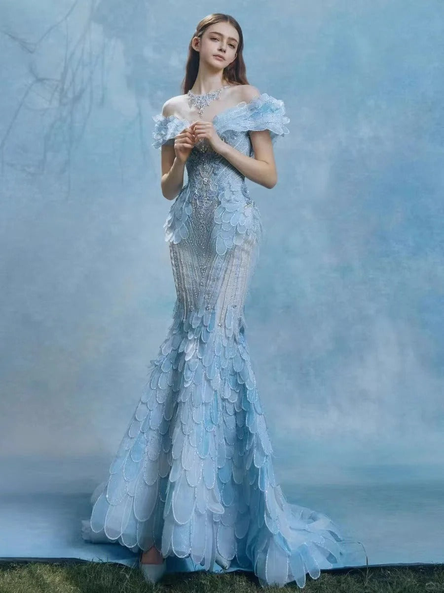 Beautiful Blue Sequins Off-the-Shoulder Quniceanera Dress Mermaid Prom Dress MD022
