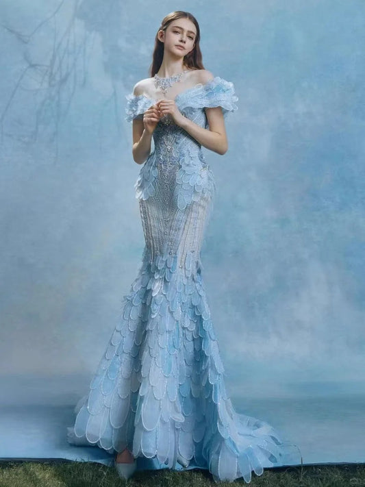 Beautiful Blue Sequins Off-the-Shoulder Quniceanera Dress Mermaid Prom Dress MD022