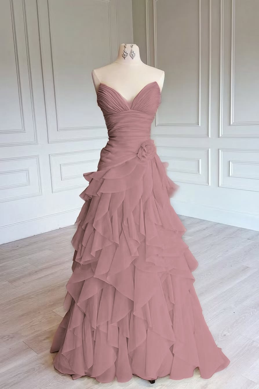Elegant A-line Sweetheart Evening Dress Pink Long Prom Dress MD027